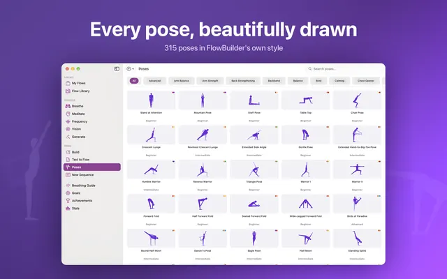 The Mac app: the pose library in Flow Builder's own style