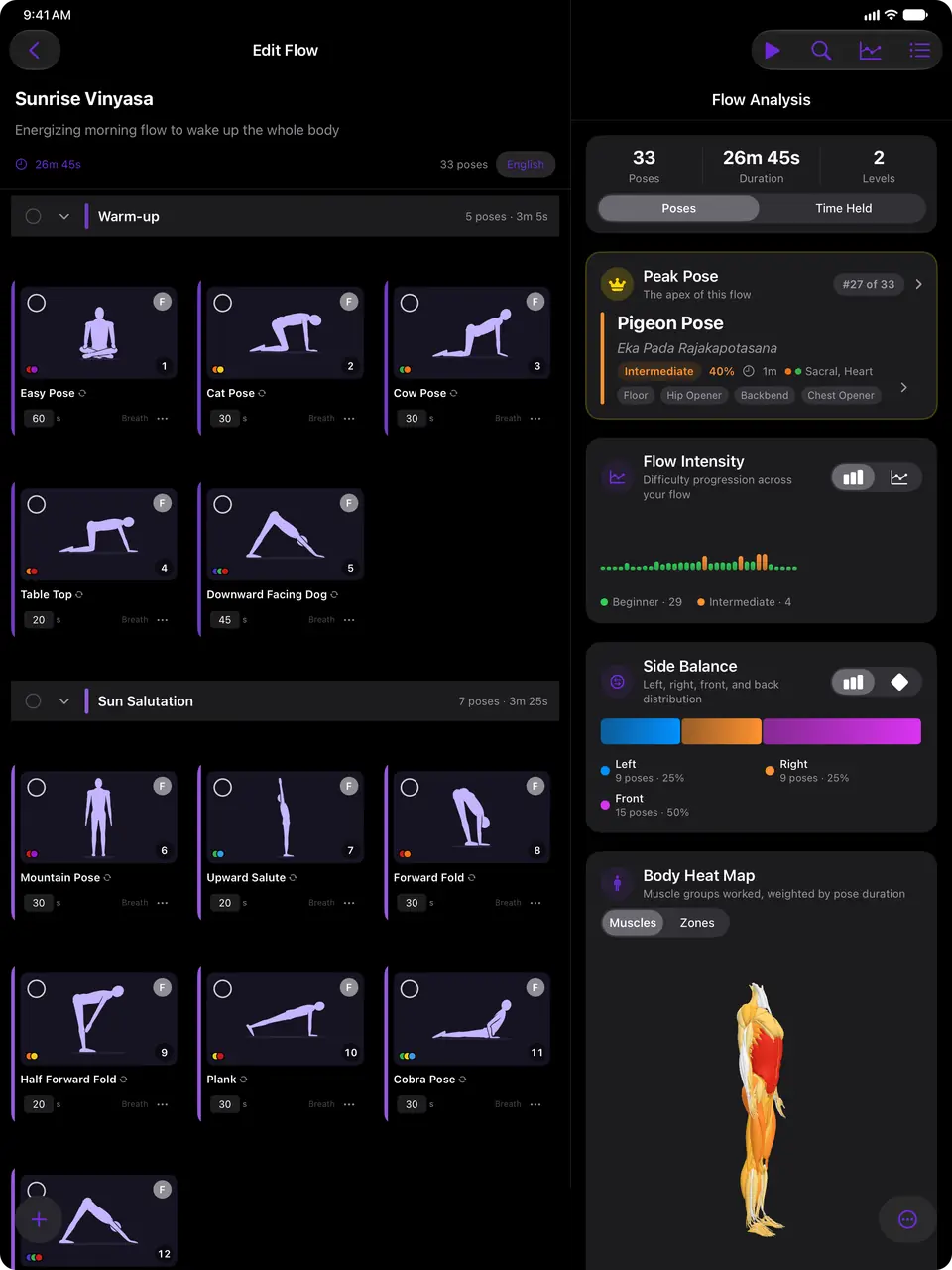 Flow analysis panel next to the flow editor on iPad: peak pose, flow intensity, side balance and body heat map