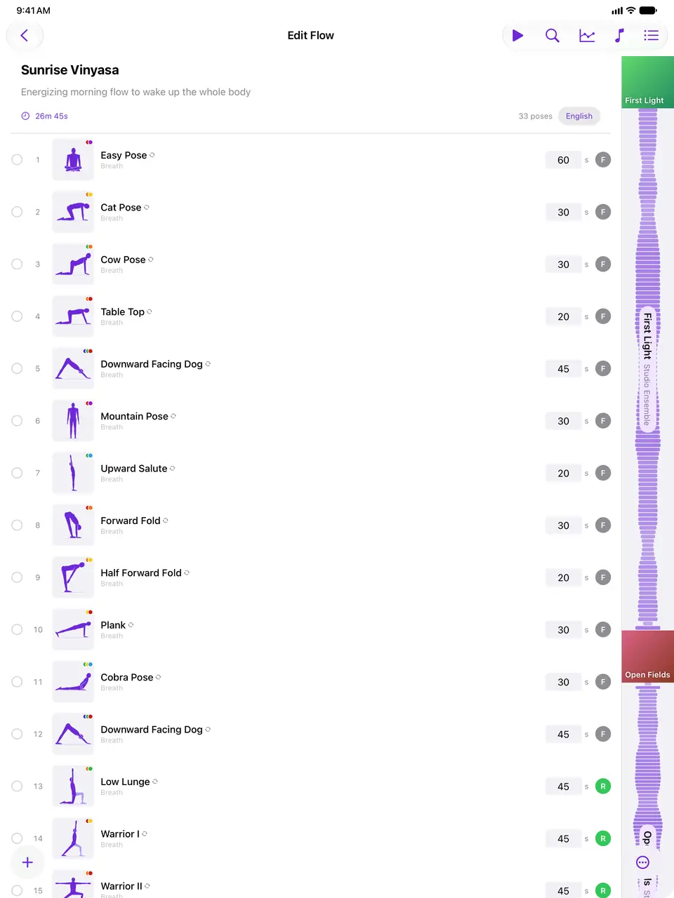 Music sync on iPad: a playlist lane next to the poses in the flow editor