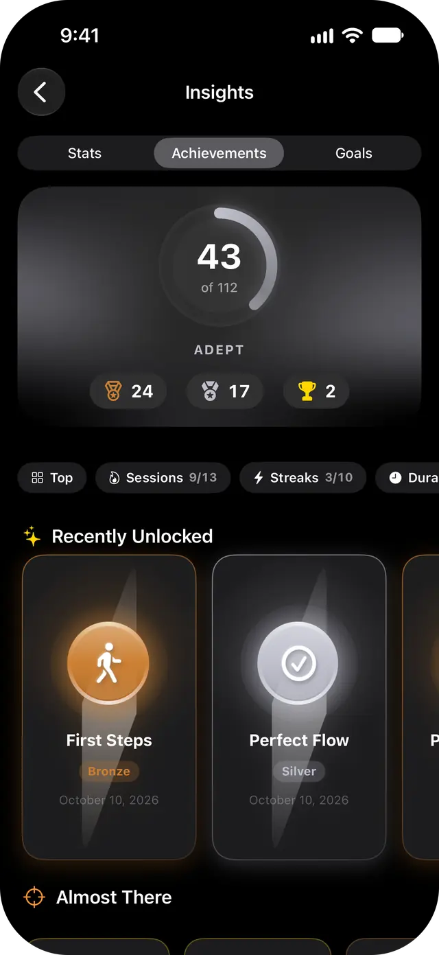 Achievements: progress ring, recently unlocked badges and badges almost earned