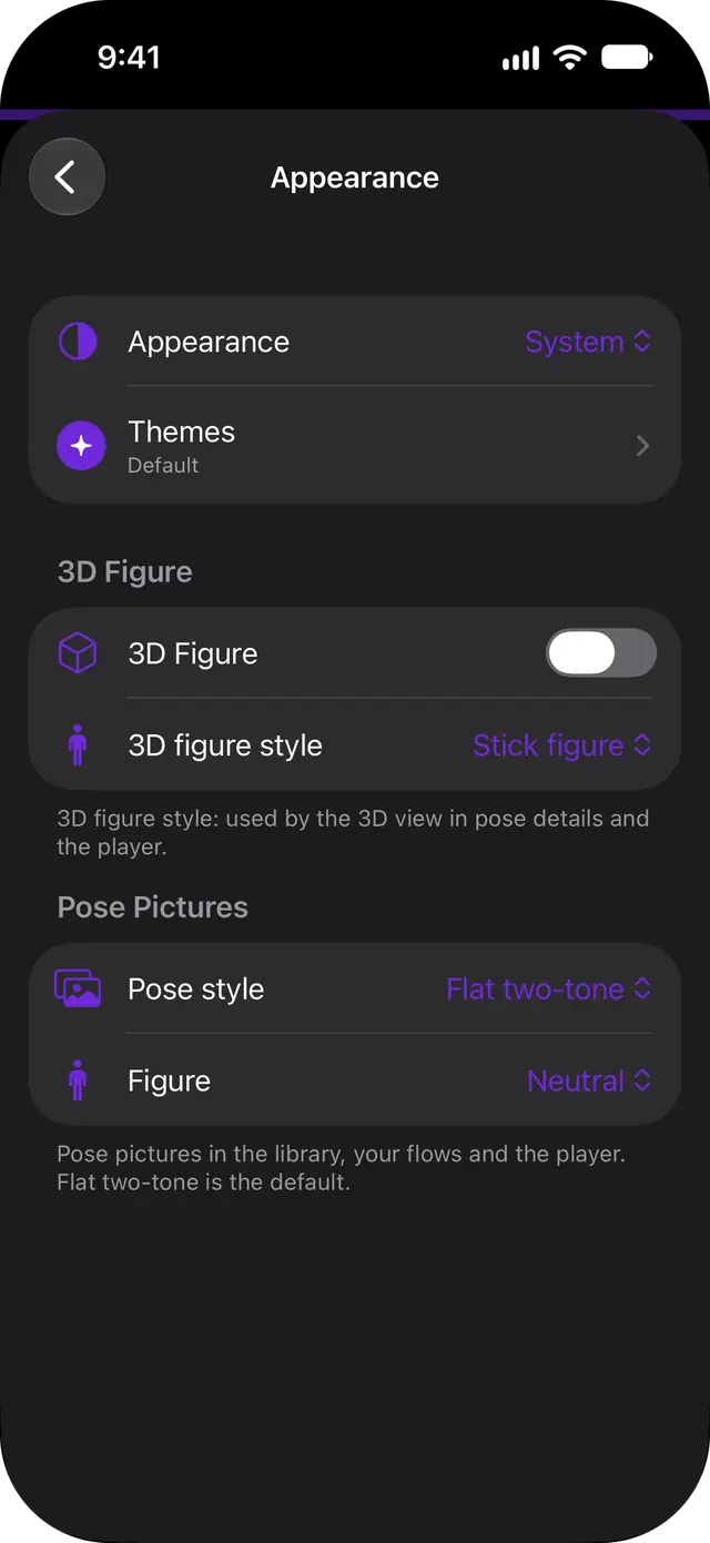Appearance settings: themes, the 3D figure and pose picture style