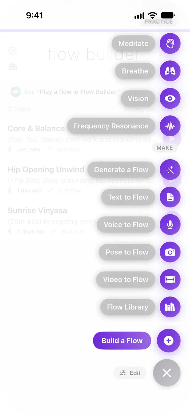 Create menu: build or generate a flow, start from text, voice, a pose or a video, or open breathwork, meditation, Vision and Tones