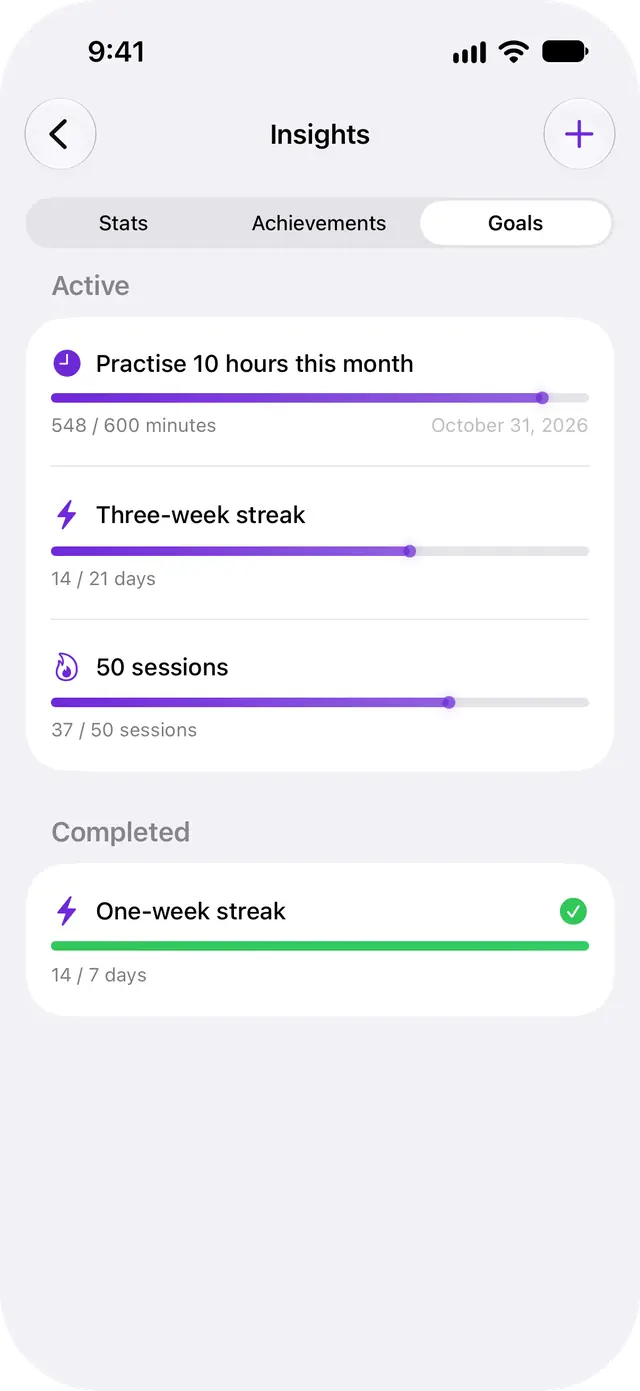 Practice goals: active goals with progress bars and a completed streak goal