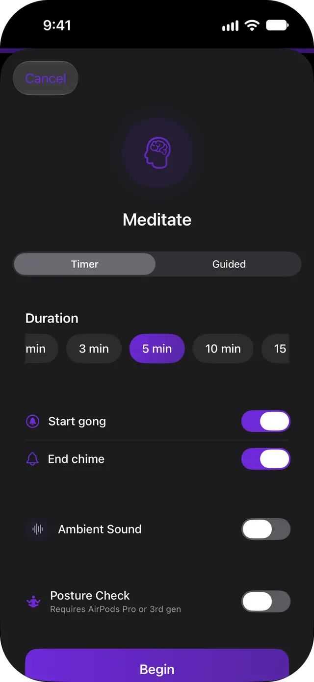 Meditation timer in dark mode