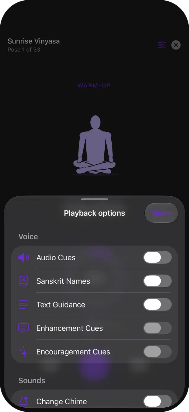 Player options: audio cues, Sanskrit names, breath cues, chimes and the 3D avatar