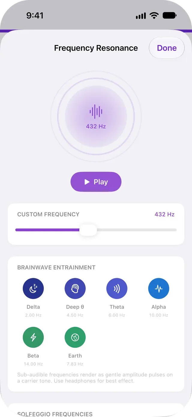 Tones: frequency resonance with brainwave and solfeggio presets