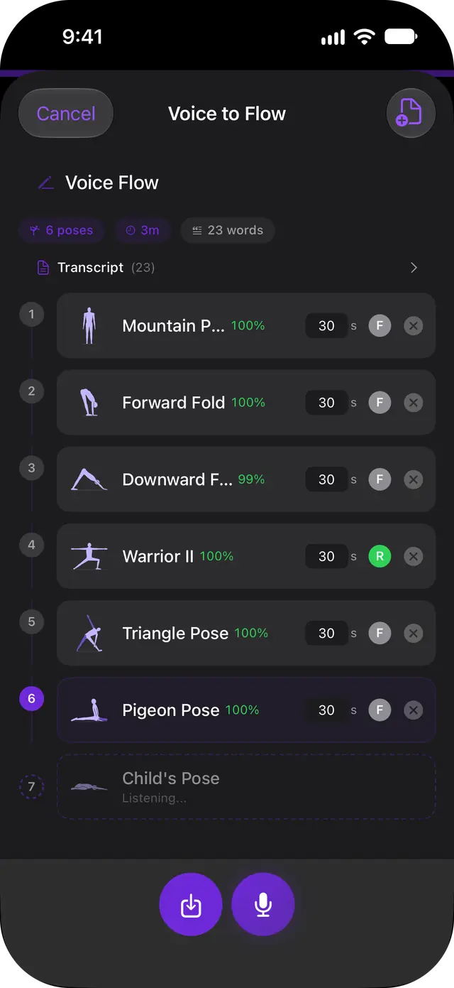Voice to Flow on iPhone: each pose you said, matched to a pose from the library