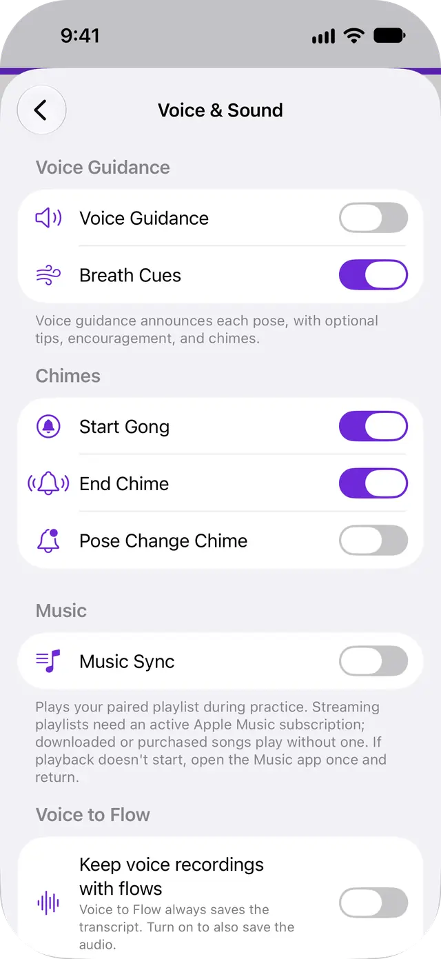 Voice and sound settings: voice guidance, breath cues, chimes and music sync